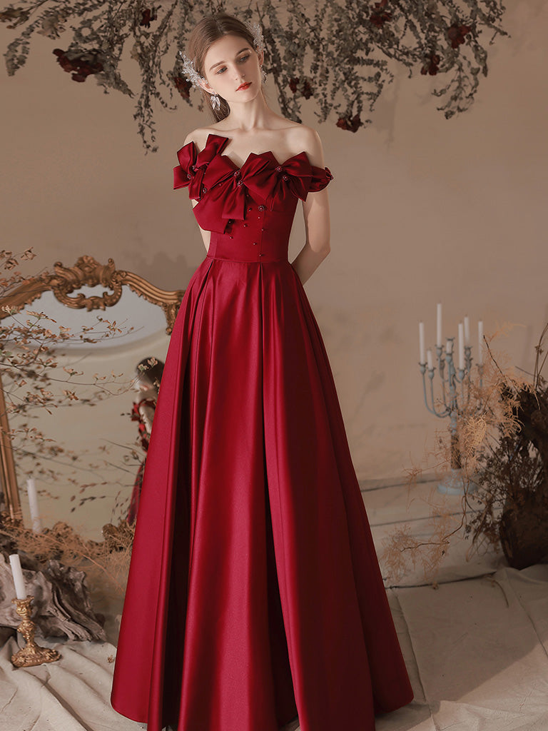 A-Line Burgundy Satin Long Prom Dress, Burgundy Formal Dress