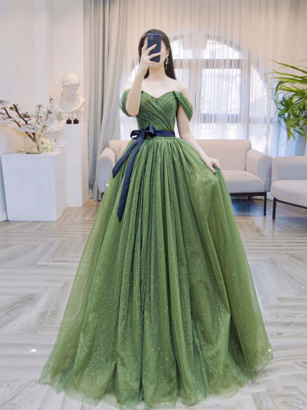 A-Line Green Tulle Long Prom Dresses, Green Tulle Formal Evening Dress