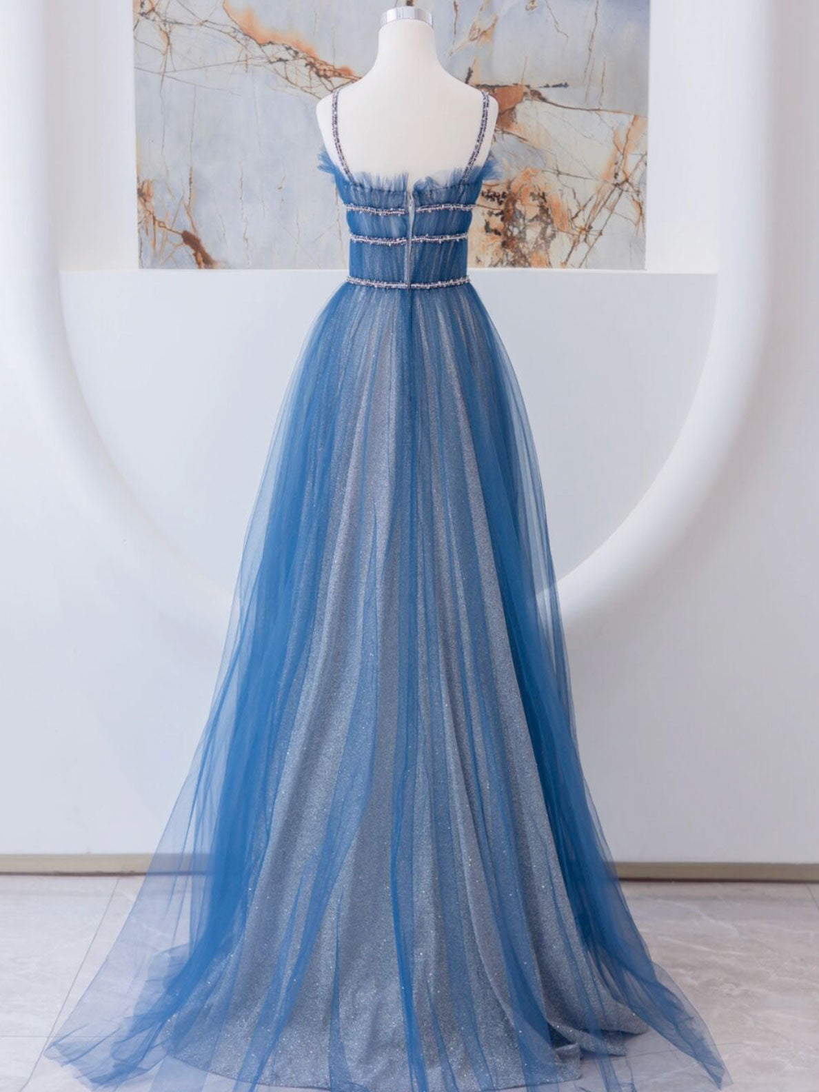 A-Line Blue Tulle Long Prom Dress, Blue Tulle Formal Dresses