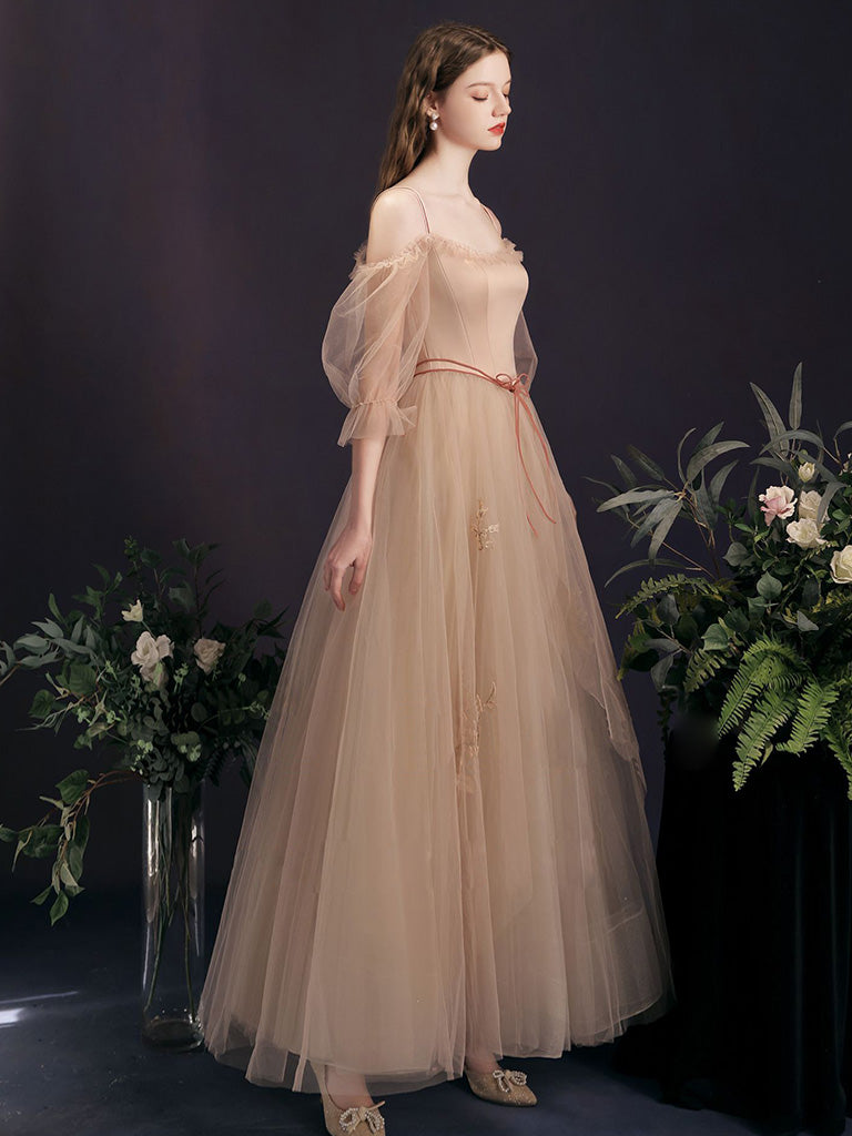 A-Line Champagne Long Prom Dress, Champagne Tulle Formal Evening Dress