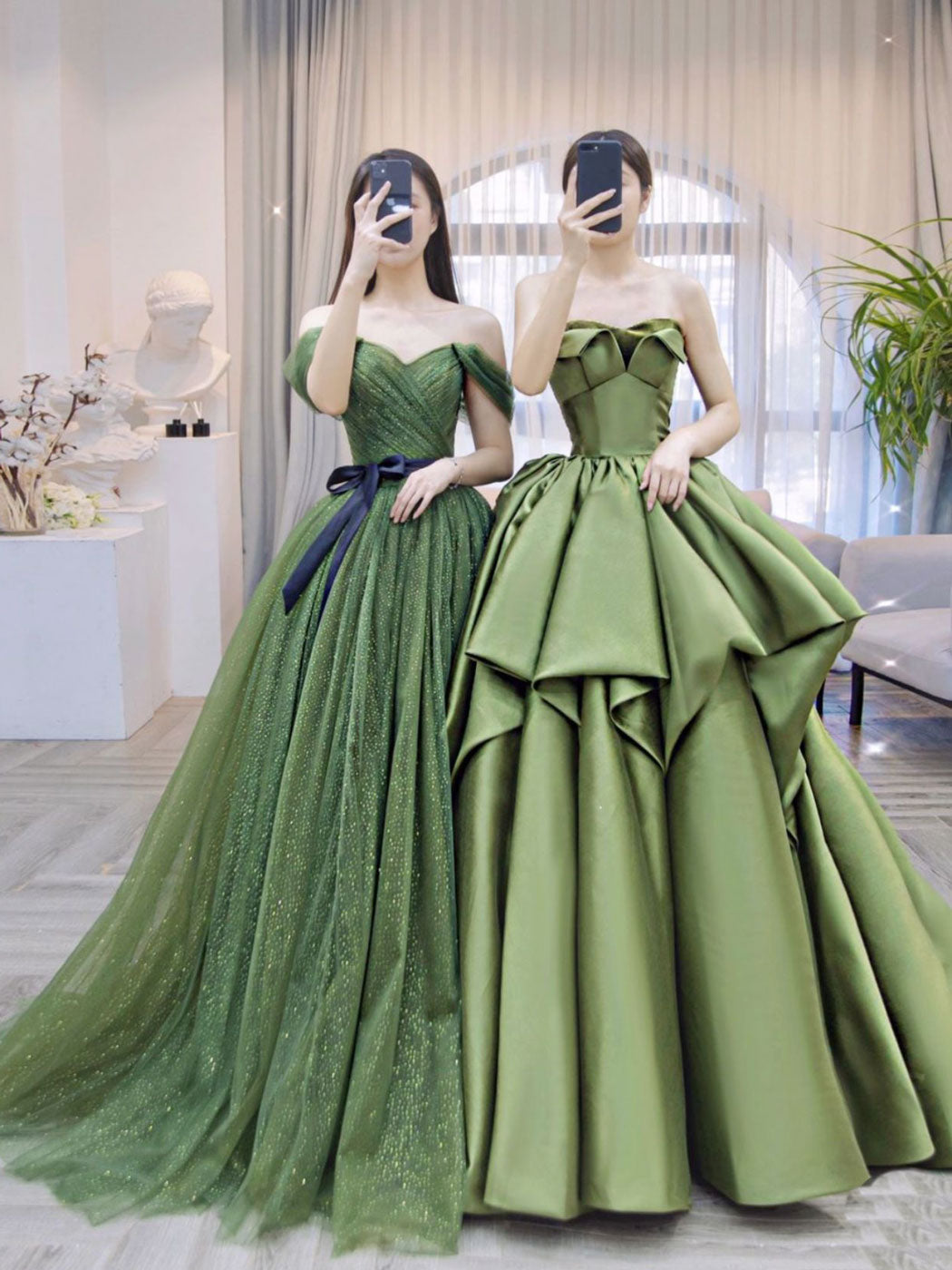 A-Line Green Tulle Long Prom Dresses, Green Tulle Formal Evening Dress