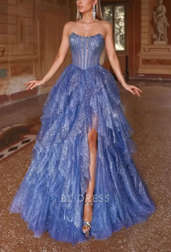 A Line Strapless Beaded Tulle Slit formal dresses Bridesmaid Dresses evening gown Prom Dress