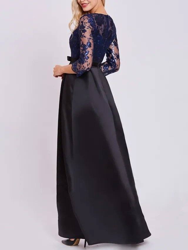 A-Line Mother of the Bride Dress Elegant Jewel Neck Floor Length Lace Satin 3/4 Length Sleeve with Sash / Ribbon Pleats Appliques - RongMoon