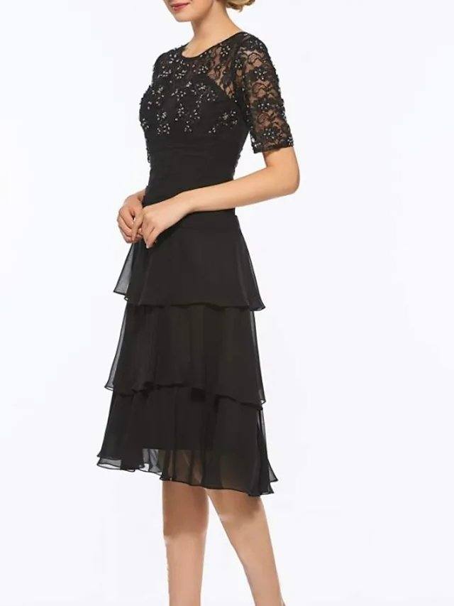 A-Line Mother of the Bride Dress Elegant Jewel Neck Knee Length Chiffon Lace Short Sleeve with Embroidery Cascading Ruffles - RongMoon