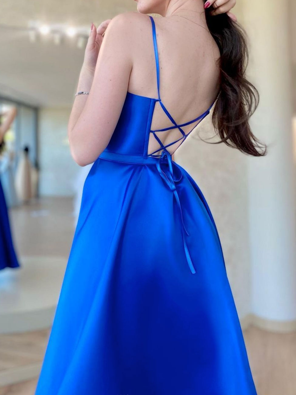A Line Blue Satin Long Prom Dresses, Black Formal Dresses