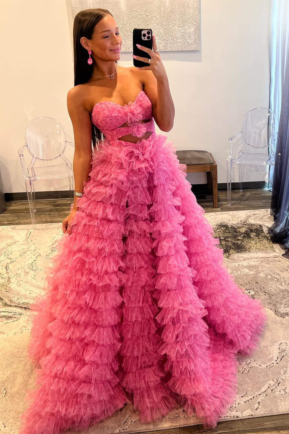 A Line Strapless Keyhole Tulle Print Ruffle Tiered Prom Dress Off Shoulder Floor Length