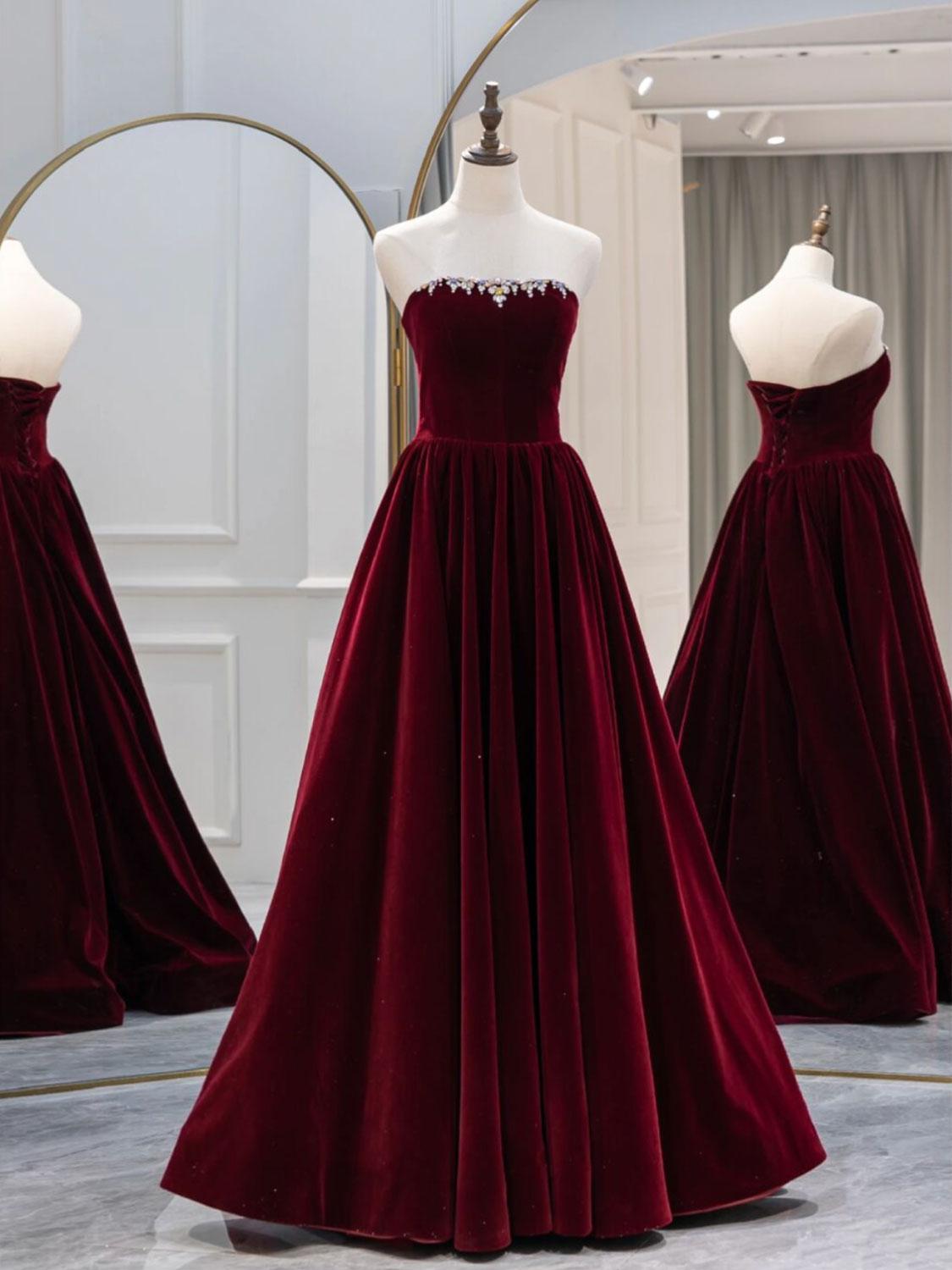 A-Line Burgundy Velvet Long Prom Dress, Burgundy Evening Dresses