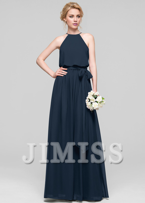 A-line low round neck bow floor mopping chiffon bridesmaid dress