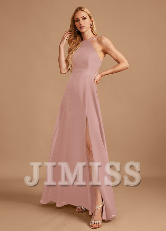 A-line high neck floor length chiffon bridesmaid dress