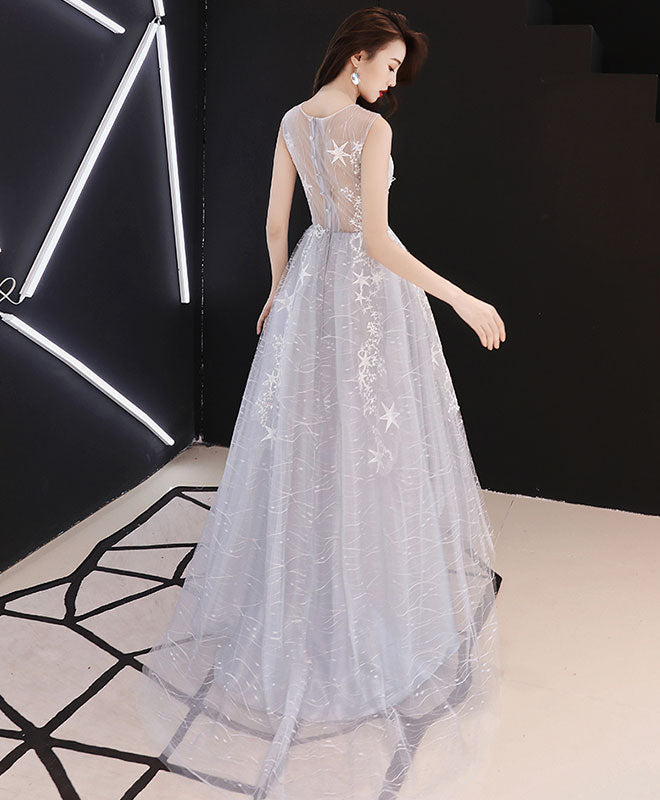A line Hight Low Lace Prom Dresses, Gray Tulle Homecoming Dresses