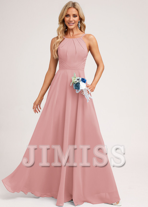 A-Line Halter Neck Floor Length Chiffon Bridesmaids Dress