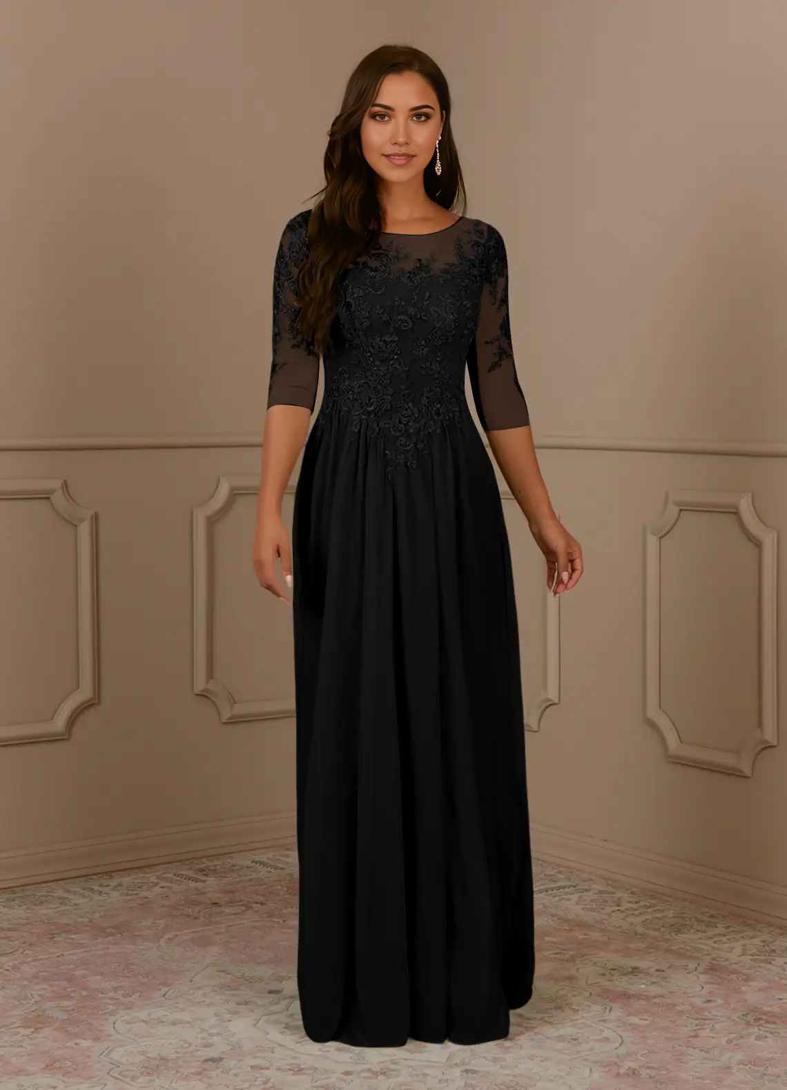 A-Line Crew Neck Scoop lace Appliques Black Mother of the Bride Dresses