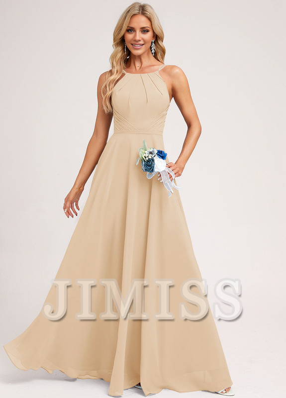 A-Line Halter Neck Floor Length Chiffon Bridesmaids Dress