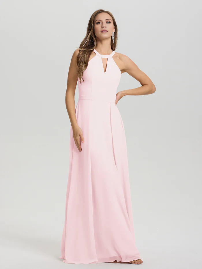 A-line keyhole collar sleeveless chiffon and floor length bridesmaid dress