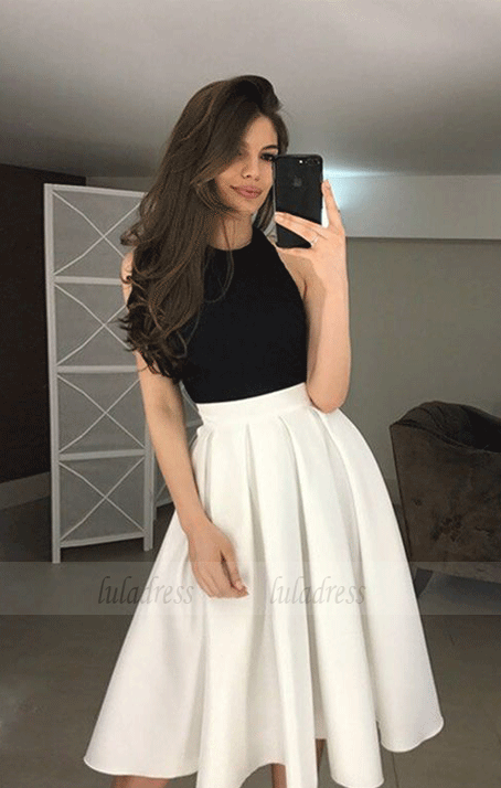 A-Line Halter Backless Tea-Length Ivory Homecoming Prom Dresses