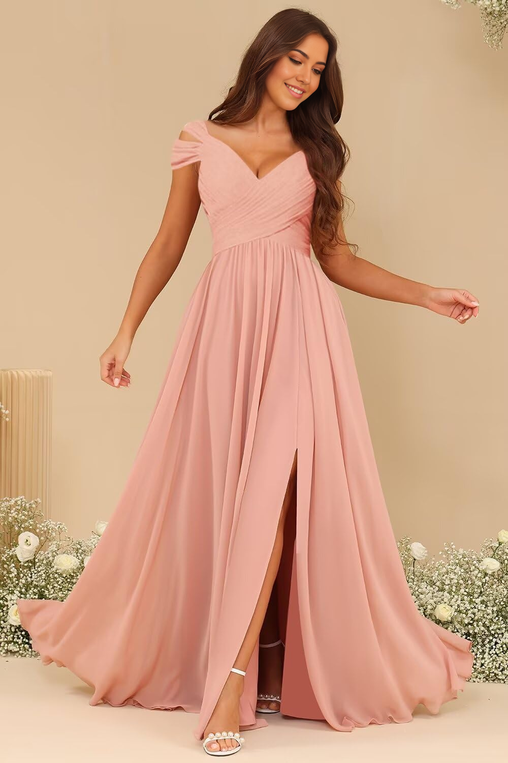 A Line V Neck Pleated Black formal dresses evening gown Bridesmaid Dresses with Slit