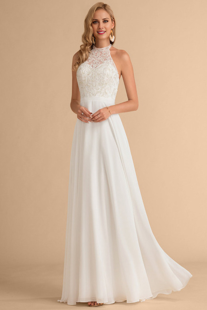 A-line high neck and sleeveless lace chiffon wedding dress