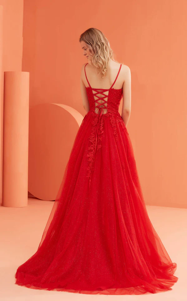 A-line deep V-neckline thin shoulder straps embroidered chiffon side slits and floor length Prom dress