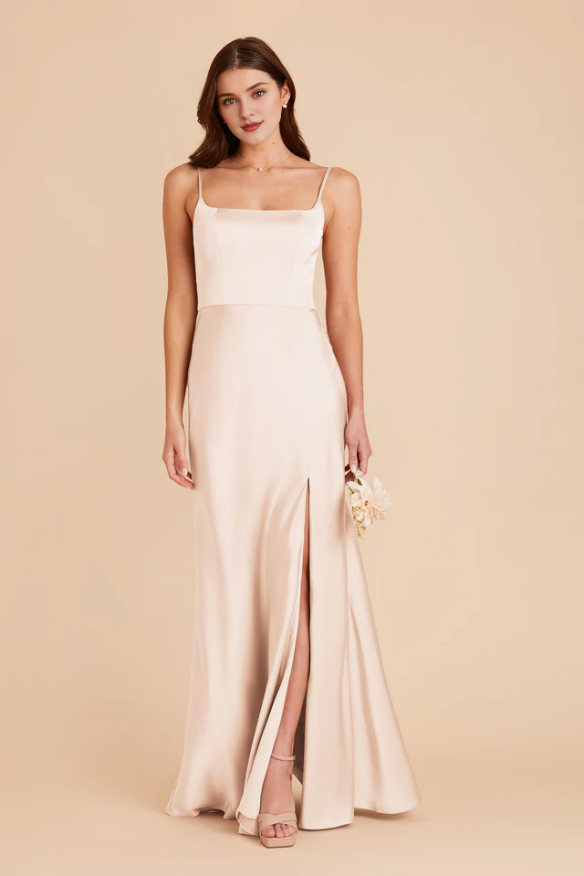 A-line front slit spoon neck satin bridesmaid dress