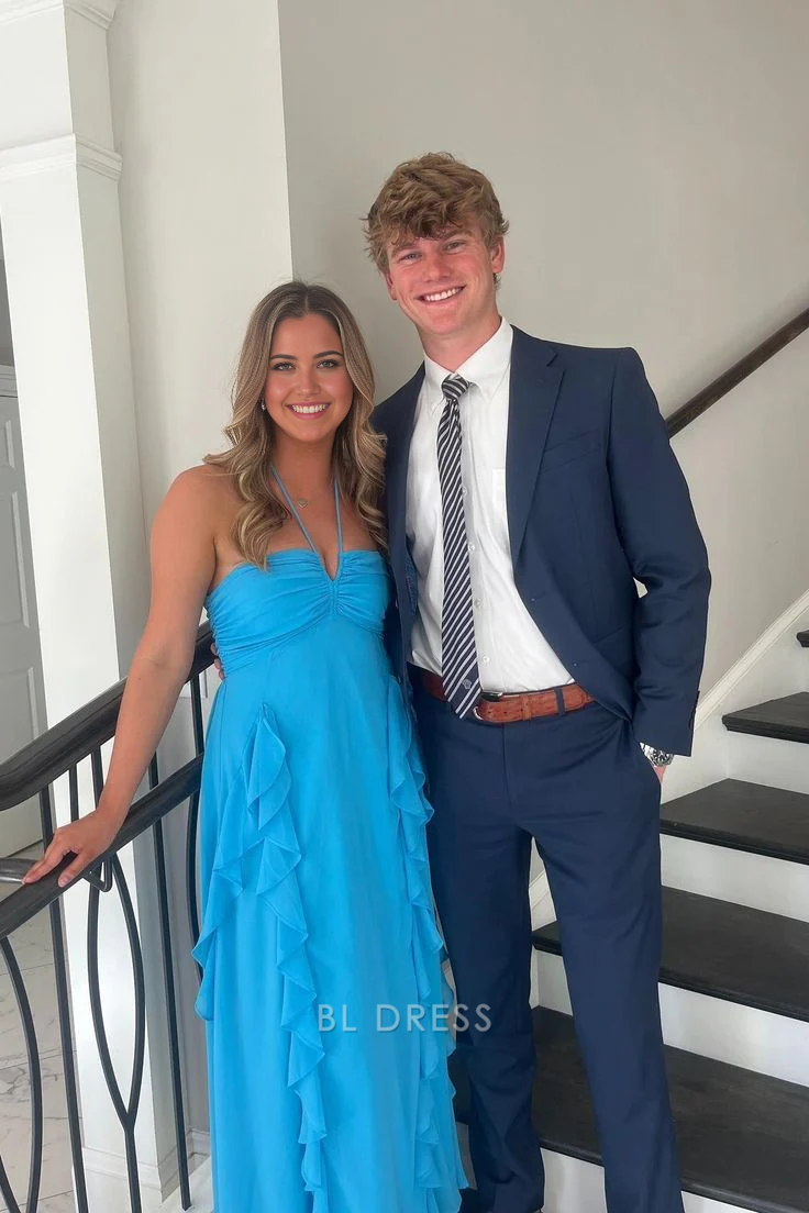 A-line Halter Ruffle Chiffon Blue formal dresses Bridesmaid Dresses evening gown Prom Dress