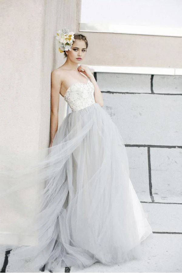 A-line Lace Grey Tulle Strapless Sweetheart Neck White Wedding Dress