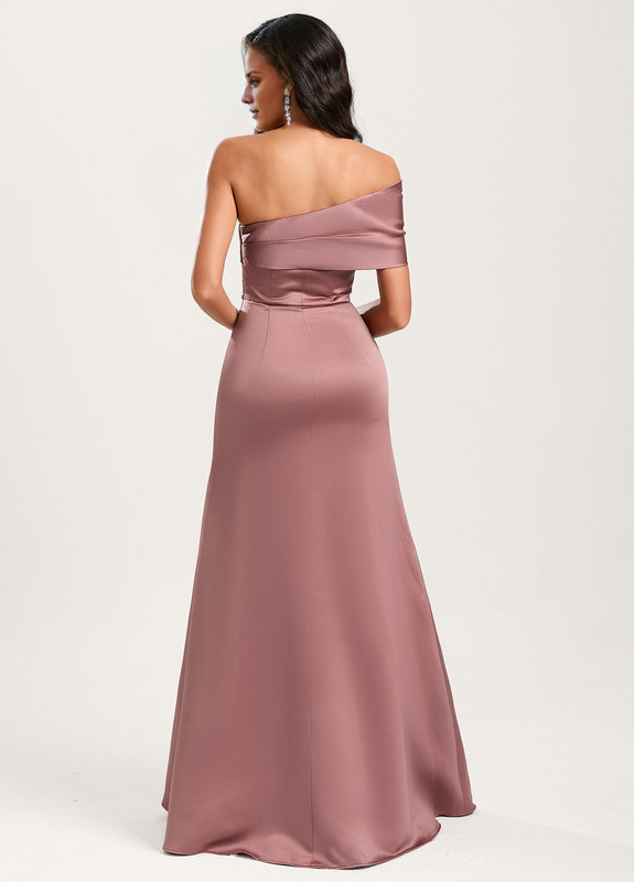 A-line asymmetric neckline floor-length satin bridesmaids dress