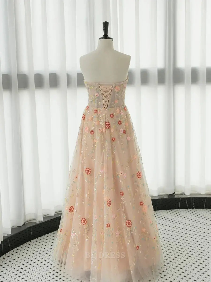 A Line Elegant Strapless Neckline Floral Lace Long formal dresses Bridesmaid Dresses evening gown Prom Dress