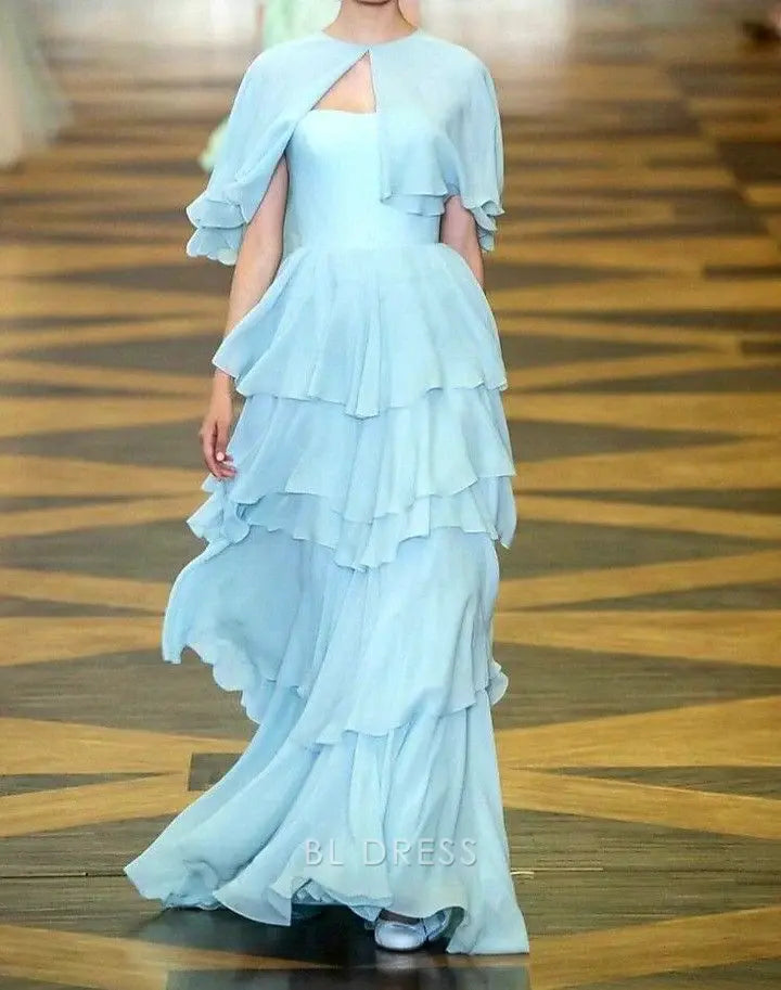 A Line Tiered Blue Chiffon formal dresses Bridesmaid Dresses evening gown Prom Dress
