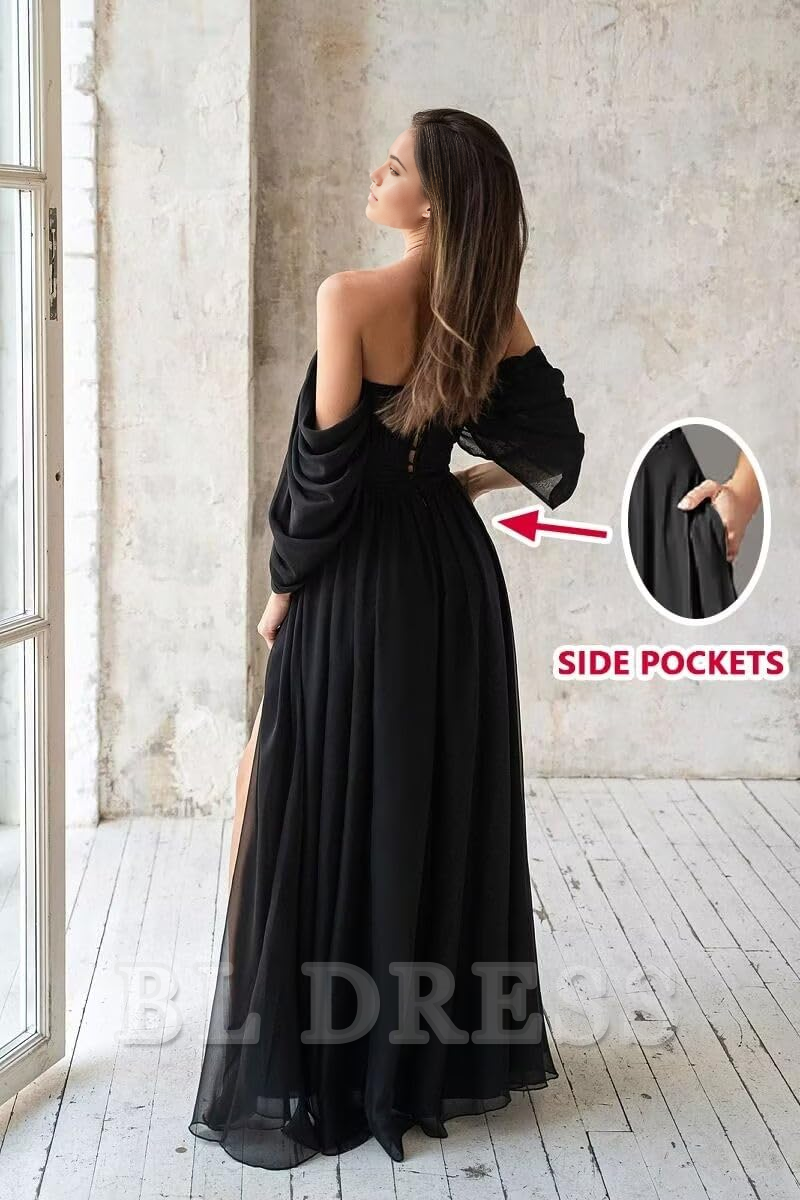 A Line Off Shoulder Chiffon Slit formal dresses Bridesmaid Dresses evening gown Prom Dress