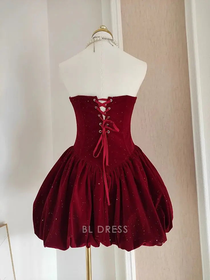 A Line Cute Strapless Burgundy Velvet Ruffles formal dresses Bridesmaid Dresses evening gown Prom Dress