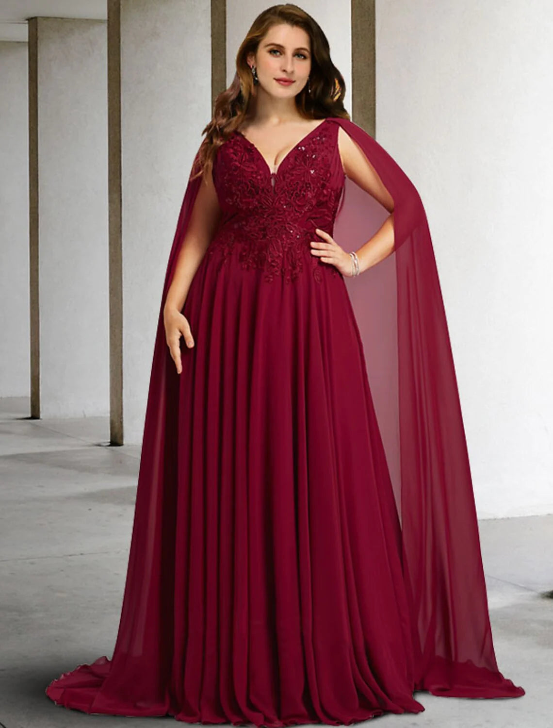 A-Line Mother of the Bride Dress Elegant Cape Dress Plus Size V Neck Sweep / Brush Train Chiffon Lace Sleeveless Cap Sleeve