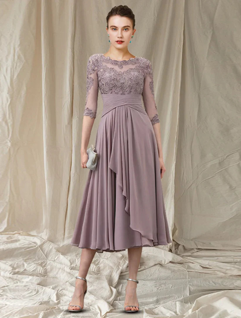 A-Line Mother of the Bride Dress Elegant Jewel Neck Tea Length Chiffon Lace Half Sleeve with Pleats Ruched Beading