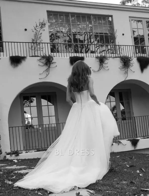 A Line Tulle Strapless White formal dresses Bridesmaid Dresses evening gown Prom Dress Wedding Dress