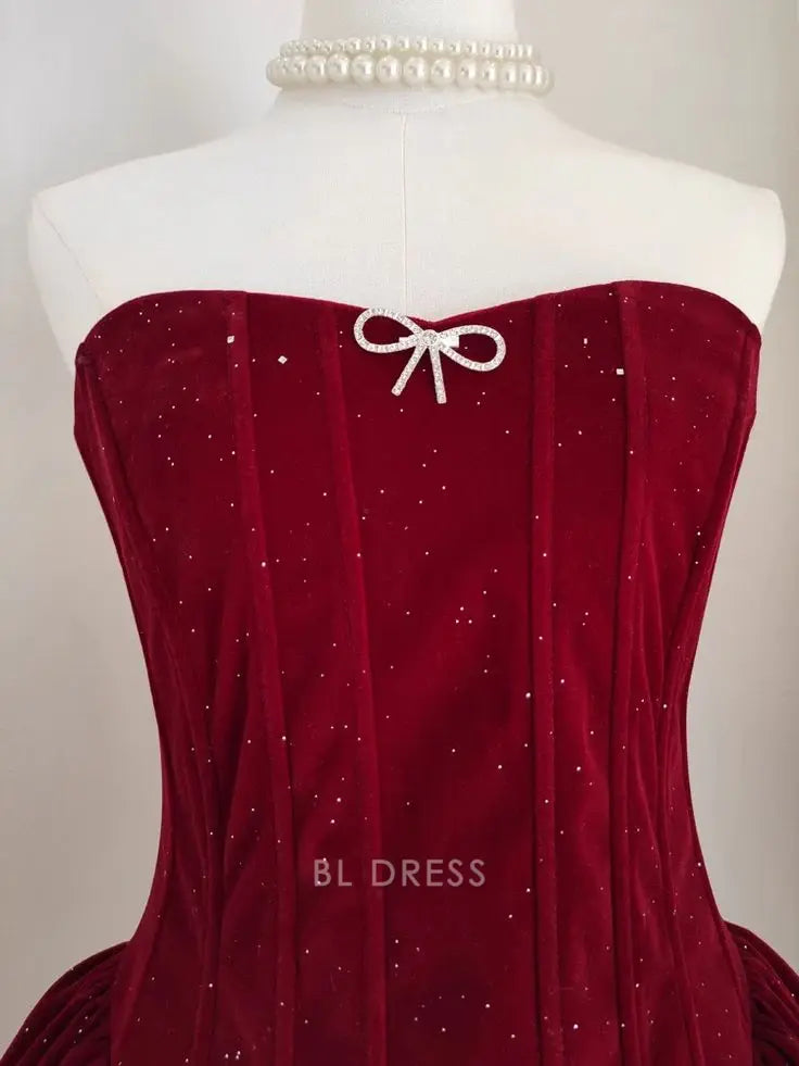 A Line Cute Strapless Burgundy Velvet Ruffles formal dresses Bridesmaid Dresses evening gown Prom Dress