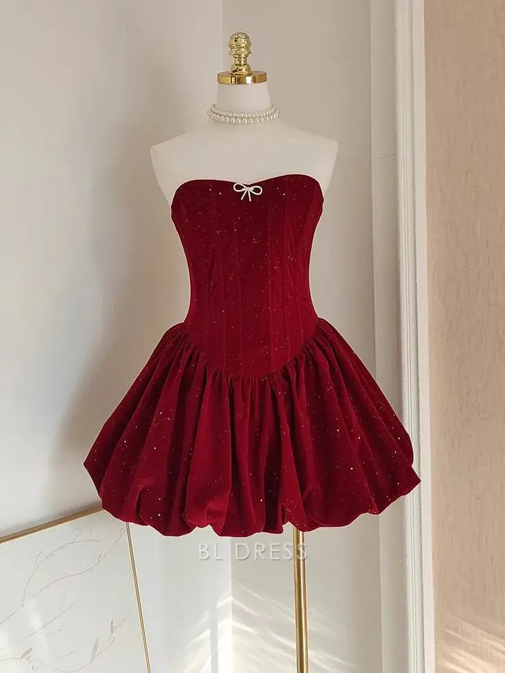 A Line Cute Strapless Burgundy Velvet Ruffles formal dresses Bridesmaid Dresses evening gown Prom Dress