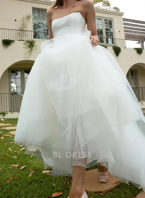 A Line Tulle Strapless White formal dresses Bridesmaid Dresses evening gown Prom Dress Wedding Dress