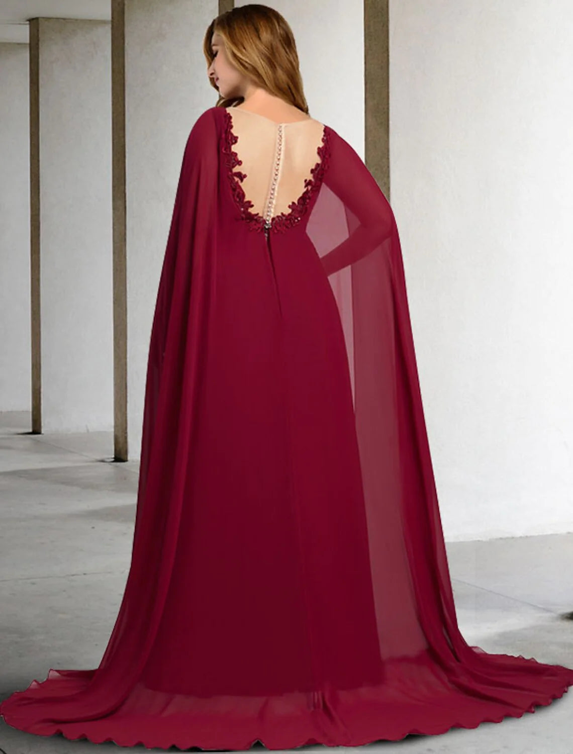 A-Line Mother of the Bride Dress Elegant Cape Dress Plus Size V Neck Sweep / Brush Train Chiffon Lace Sleeveless Cap Sleeve