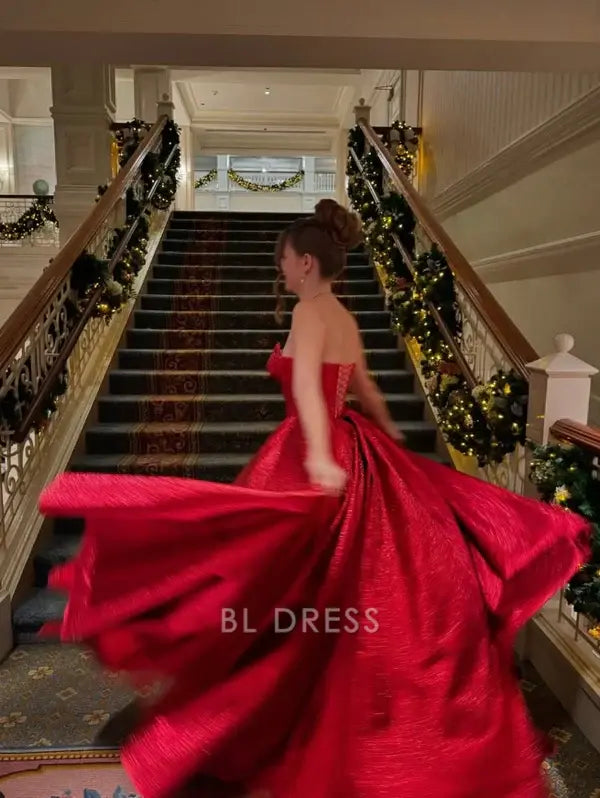 A Line Strapless Pretty Red Satin formal dresses Bridesmaid Dresses evening gown Prom Dress