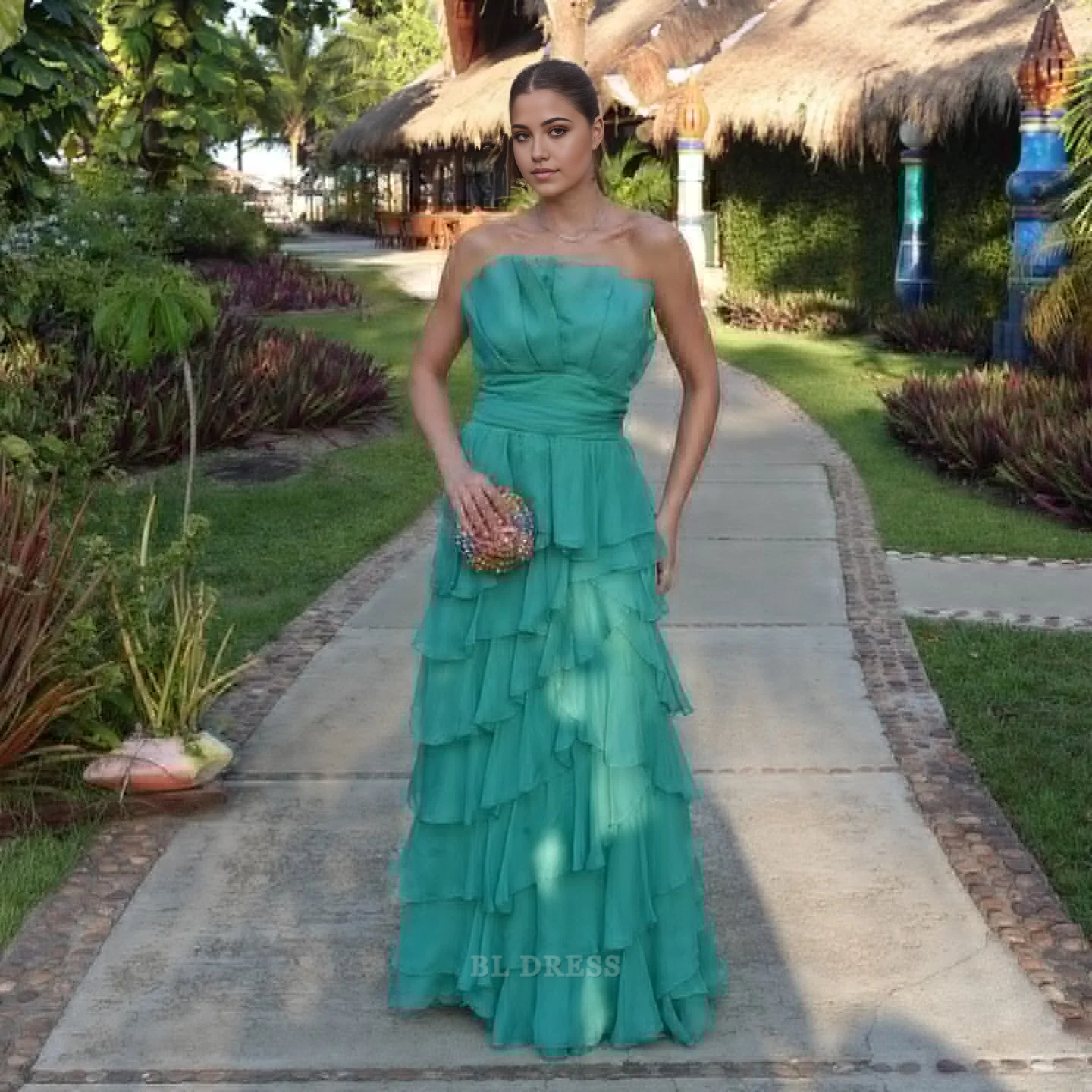 A Line Strapless Tiered Chiffon Long formal dresses Bridesmaid Dresses evening gown Prom Dress