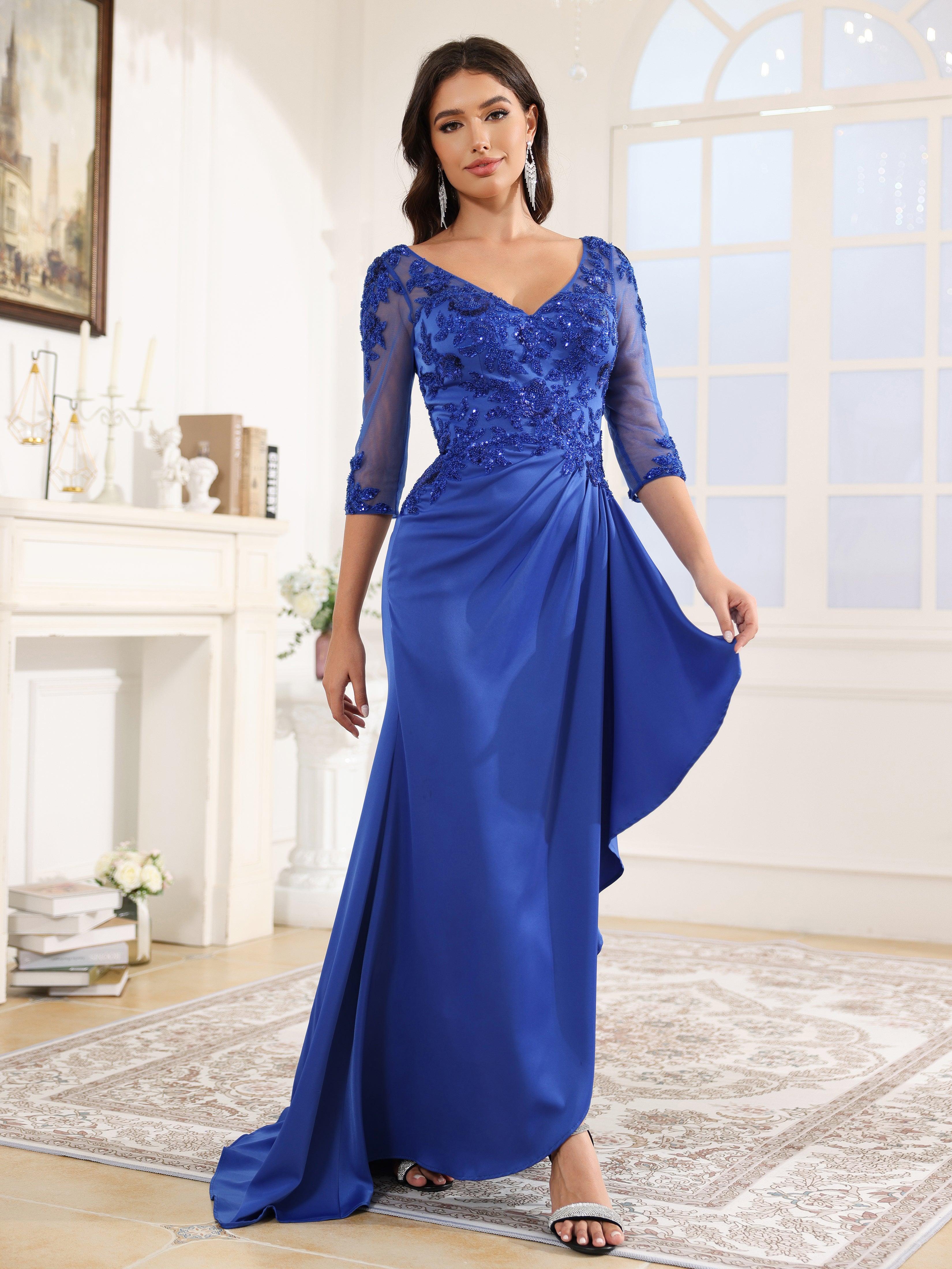 3/4 Length Sleeves Sequins Long Satin Prom Dress
