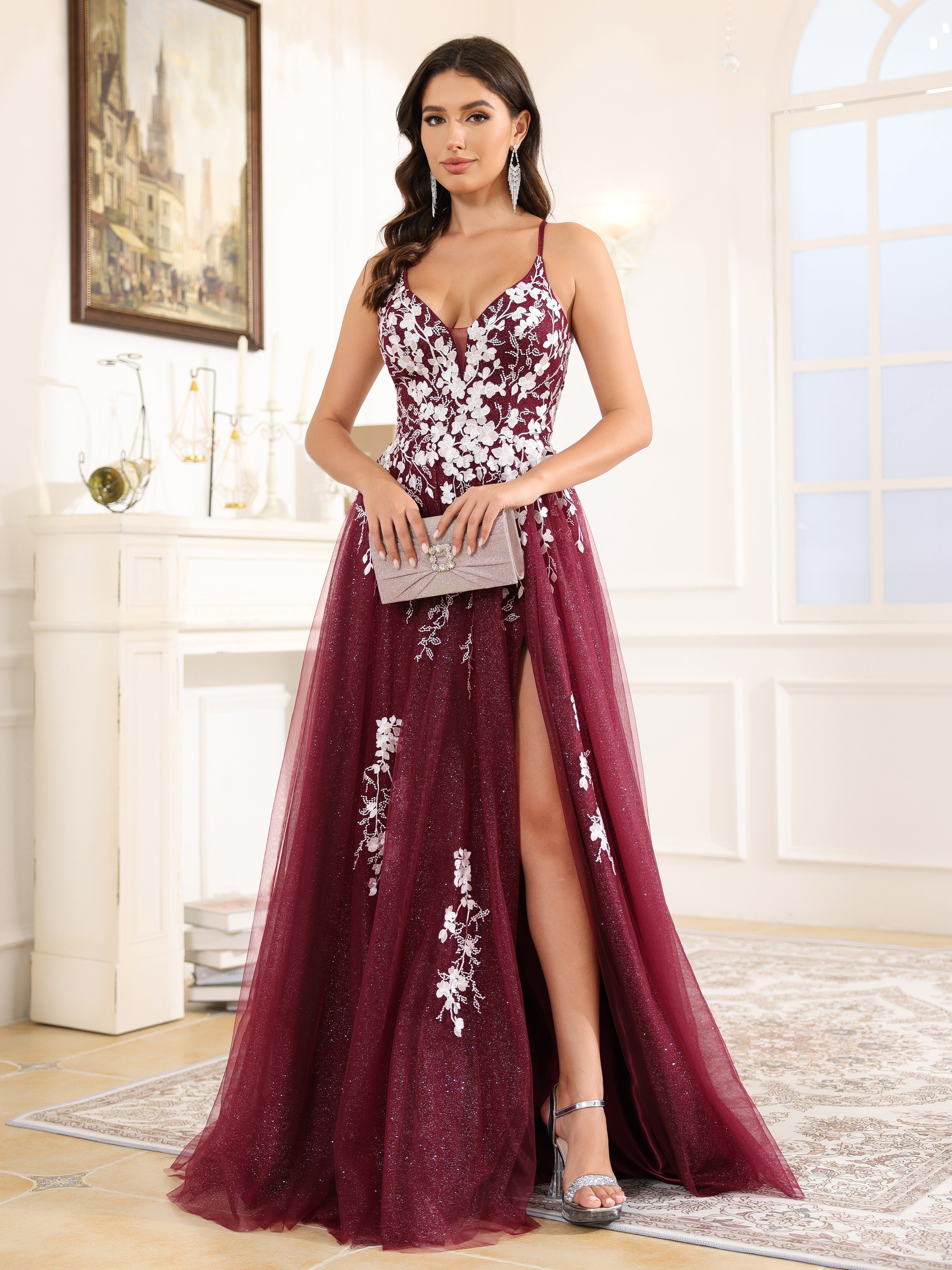 A-Line Lace Appliques Spaghetti Straps Tulle Prom Dress With Split