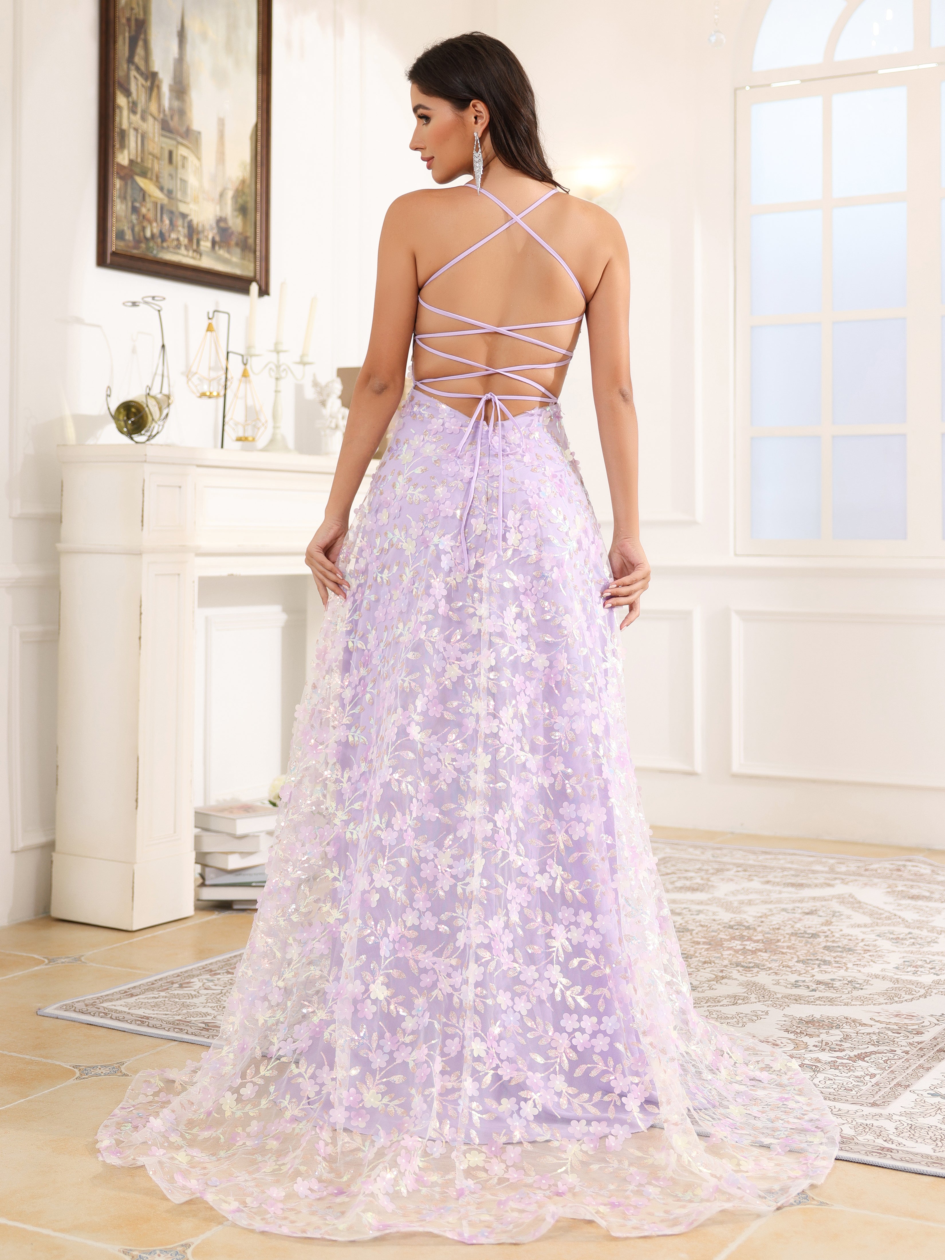 A-Line Lace Up Court Train Prom Dress