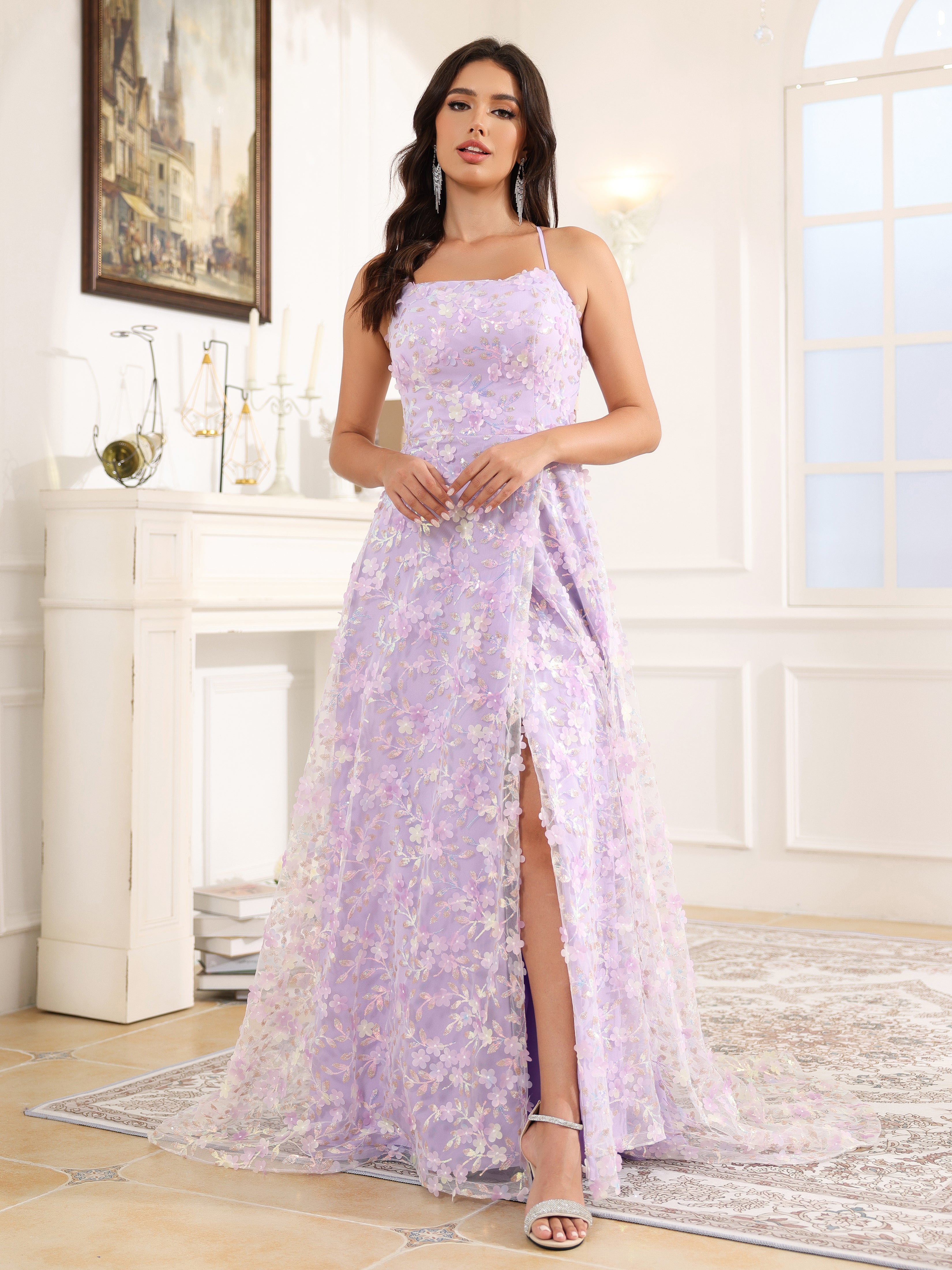 A-Line Lace Up Court Train Prom Dress