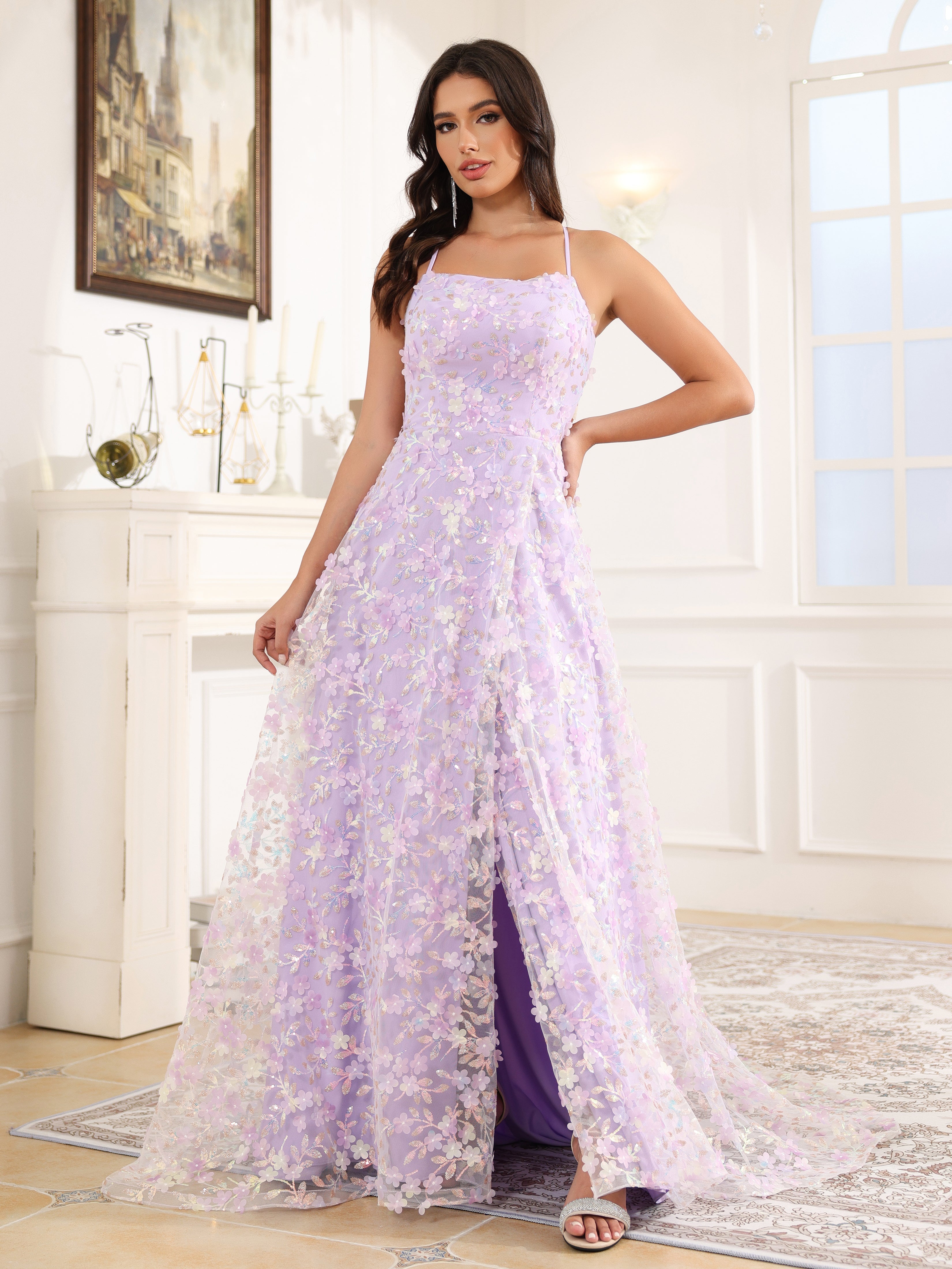 A-Line Lace Up Court Train Prom Dress