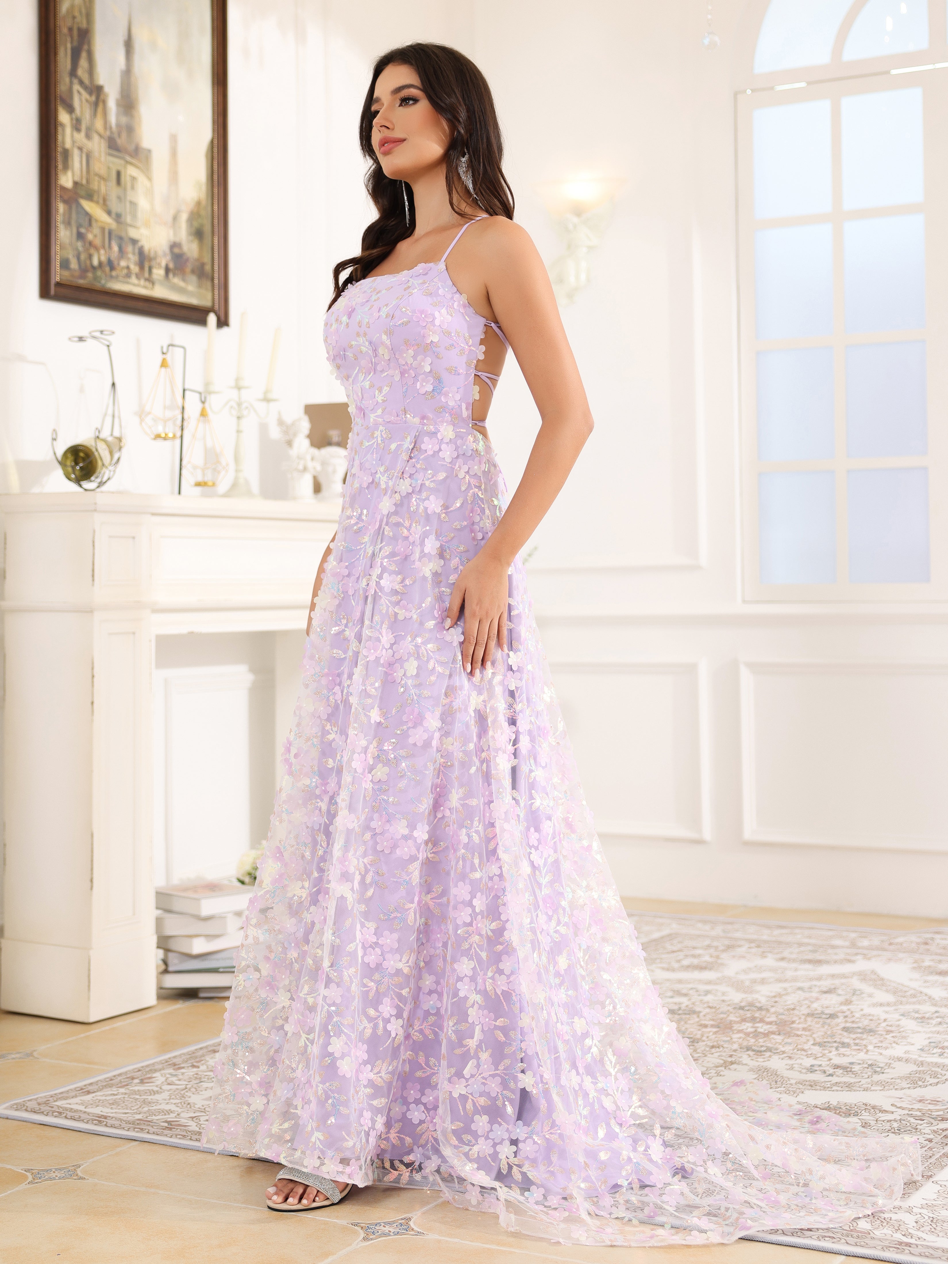 A-Line Lace Up Court Train Prom Dress