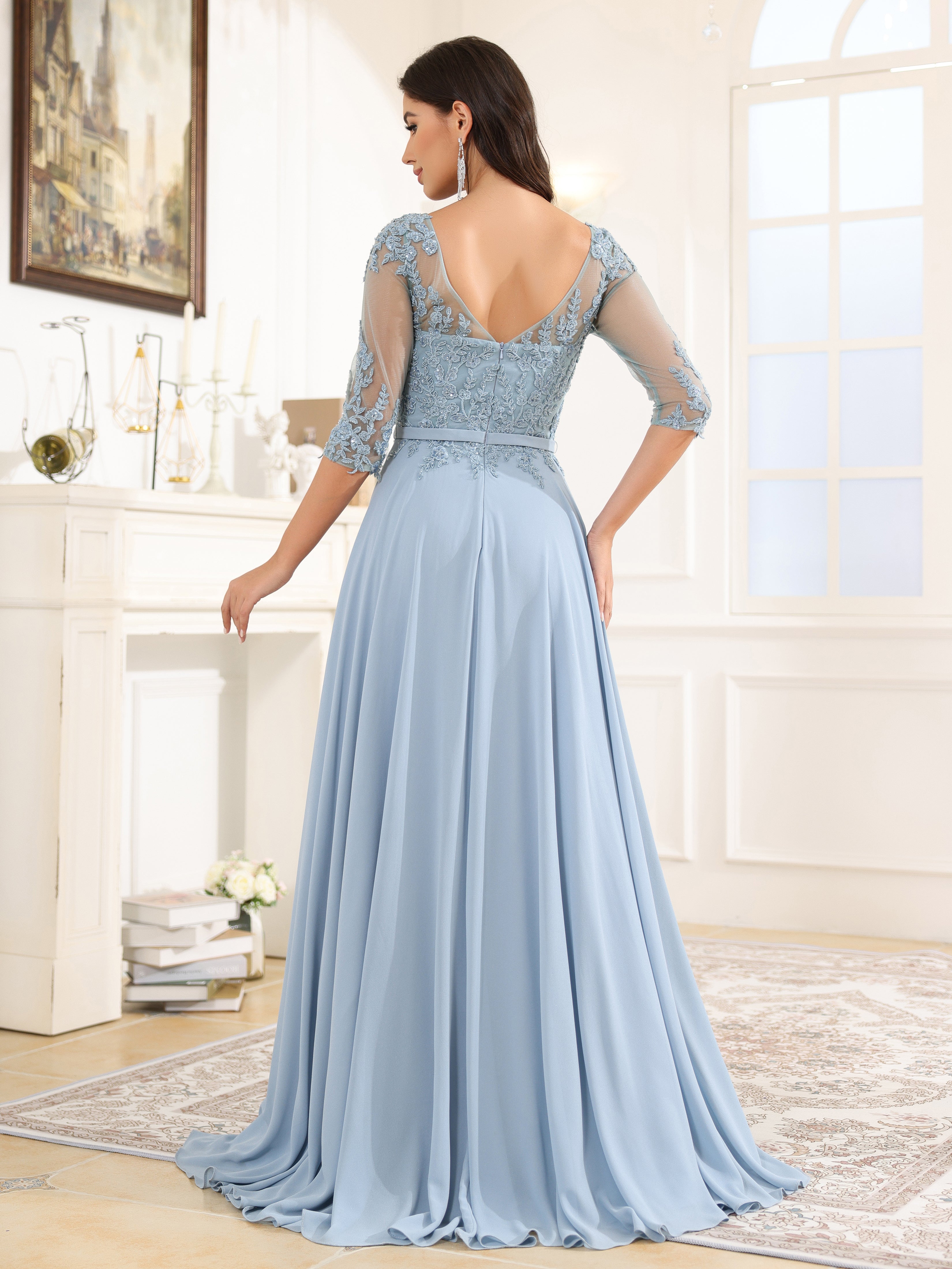 3/4 Length Sleeves A-Line Bateau Chiffon Long Prom Dress