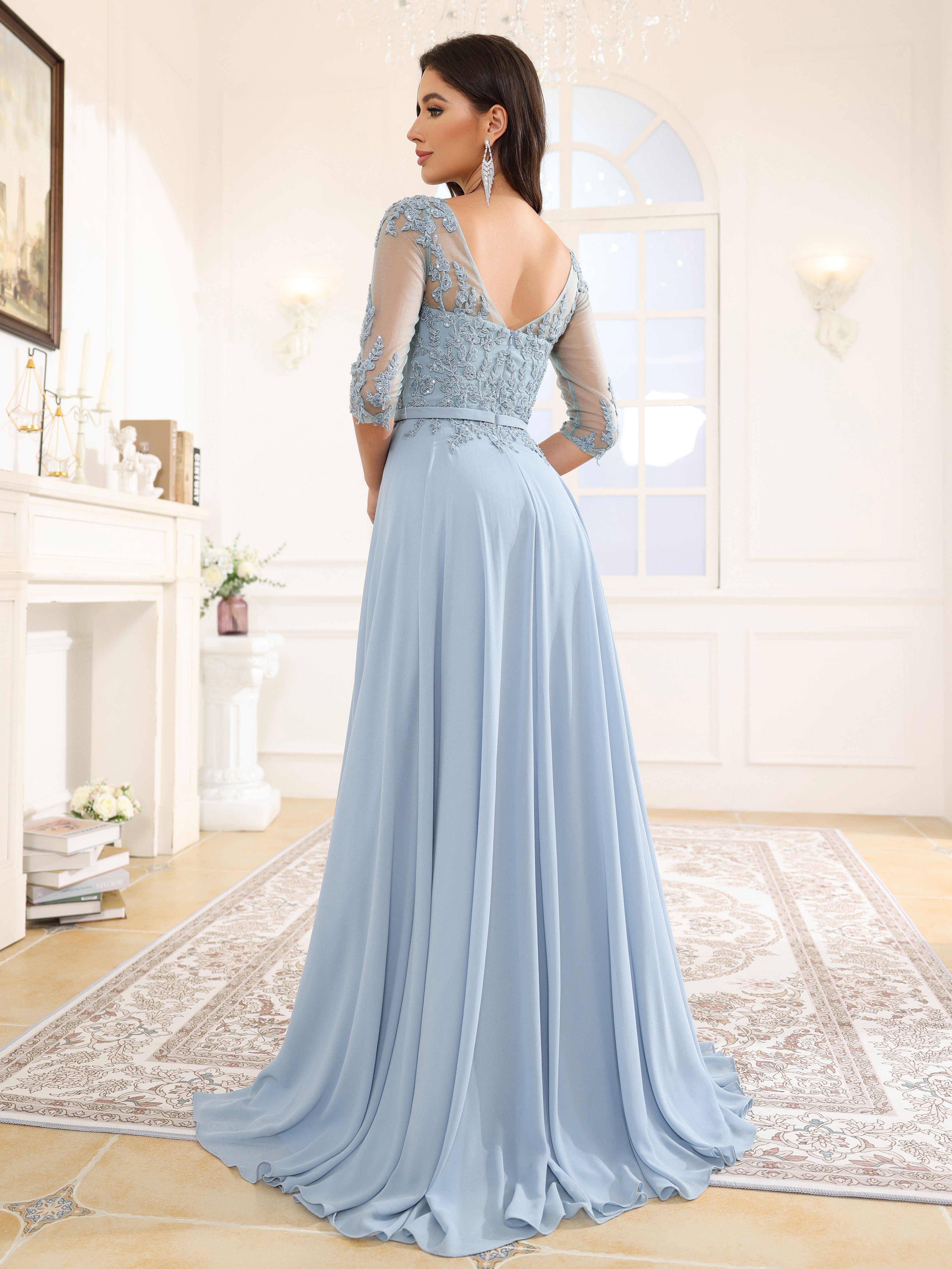 3/4 Length Sleeves A-Line Bateau Chiffon Long Prom Dress