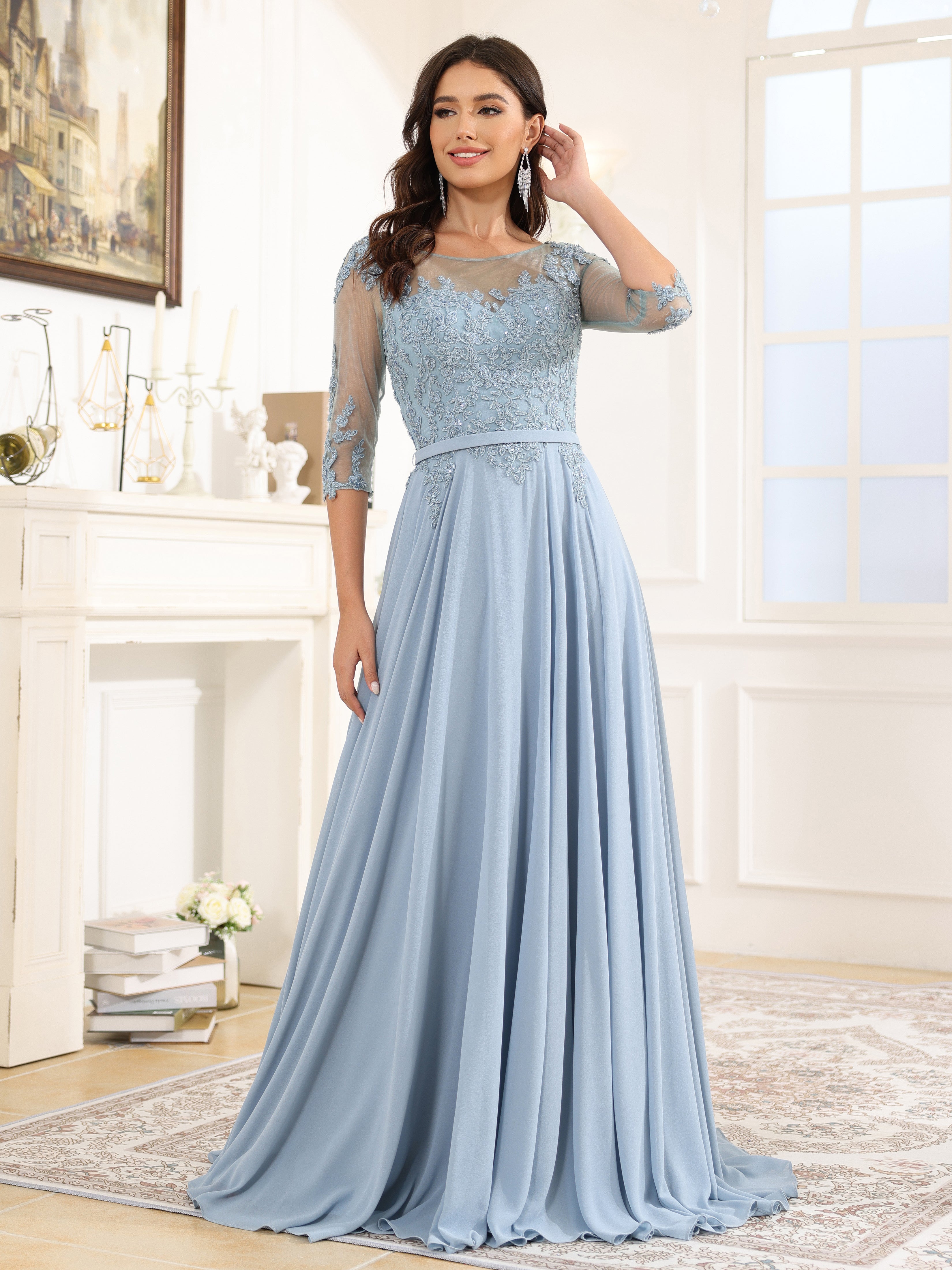 3/4 Length Sleeves A-Line Bateau Chiffon Long Prom Dress