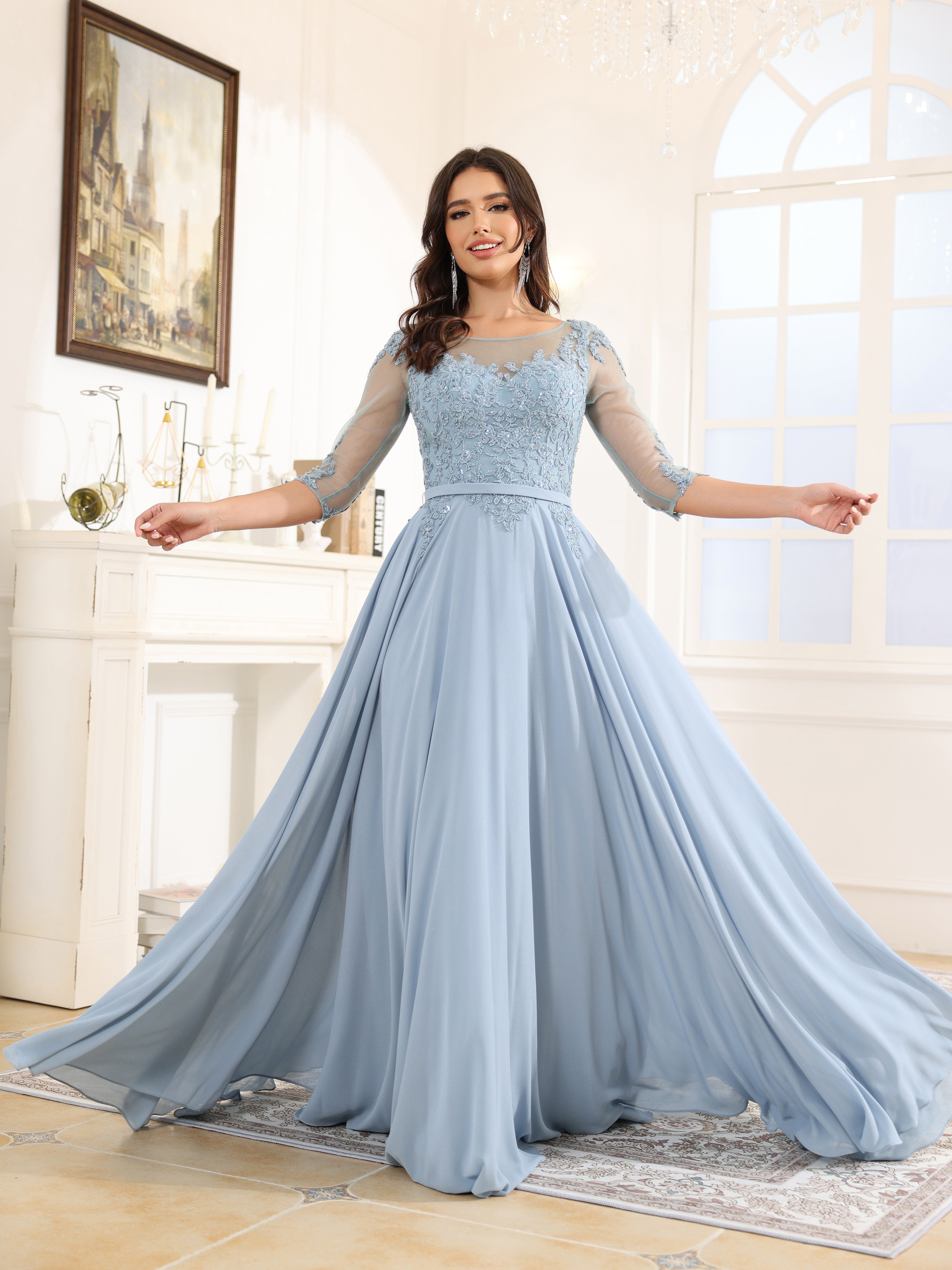 3/4 Length Sleeves A-Line Bateau Chiffon Long Prom Dress