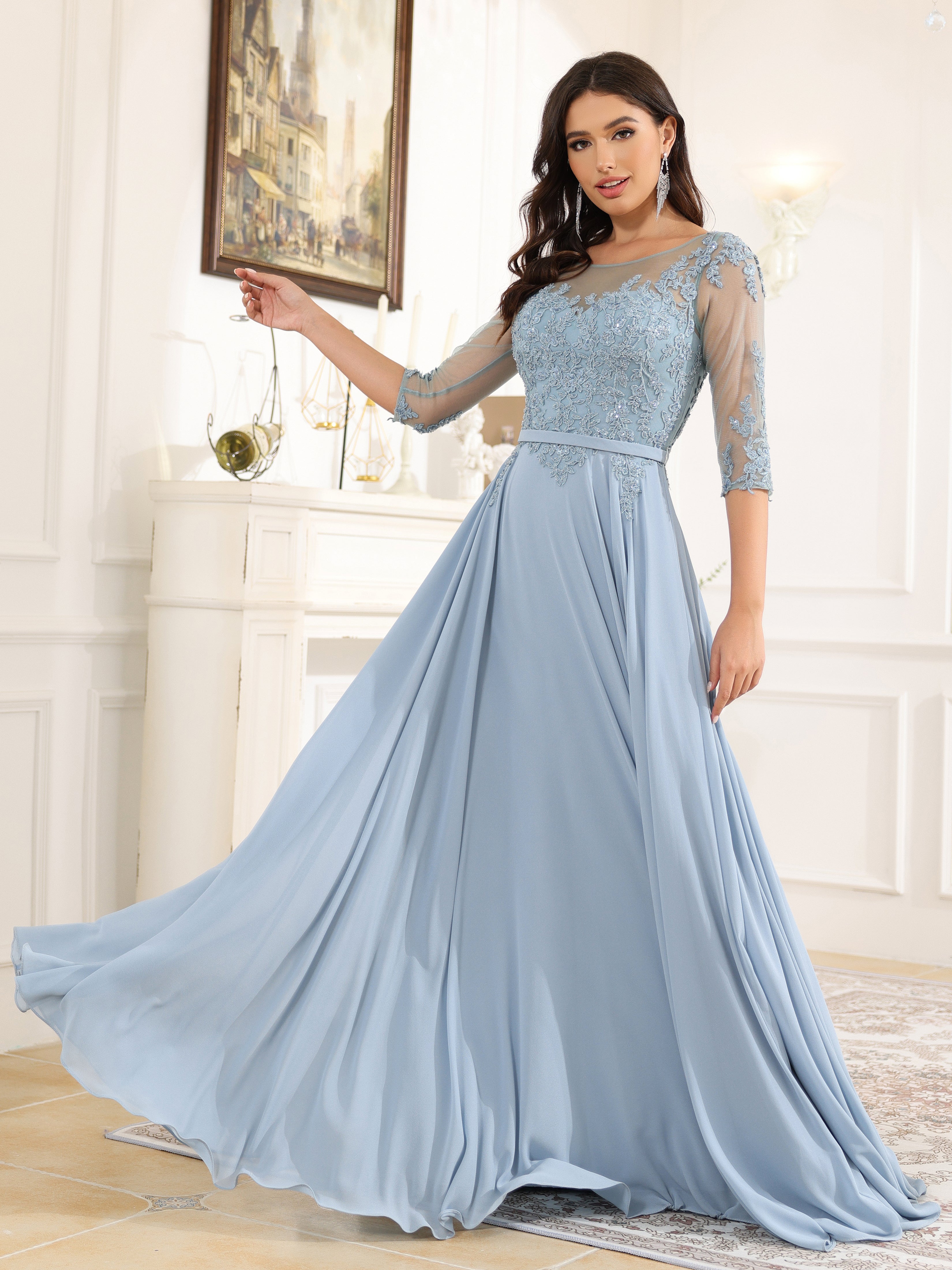 3/4 Length Sleeves A-Line Bateau Chiffon Long Prom Dress